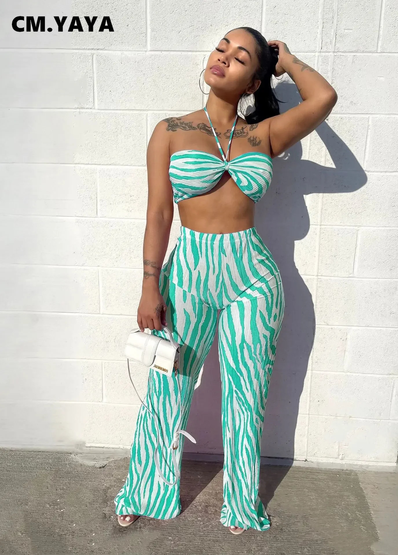 CM.YAYA Zebra Printed Pleated Womens Set Crop Top and Wide Leg Pants Suit Summer Fashion Two 2 Piece Set Outfits Tracksuit 240813