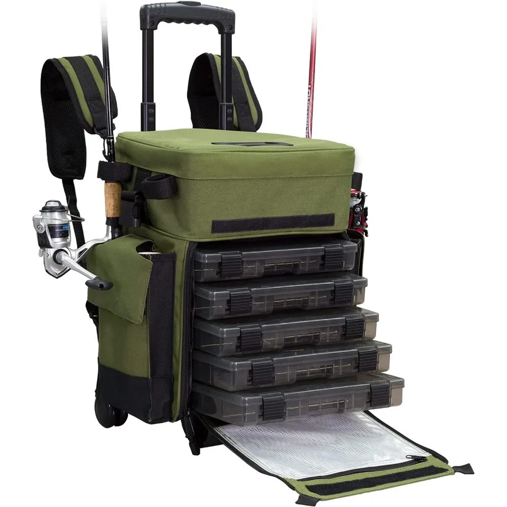 3 Roller Tackle Box Waterproof Fishing Backpack 5 Removable Trays 4 Rod Shees Mens Gift Fish Bag Rollers 240808 4