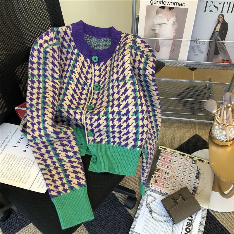 European Goods Colored Thousand Birds Knit Cardigan Women Autumn And Winter Round Neck Fashion Retro Short Sweater Tops 240809