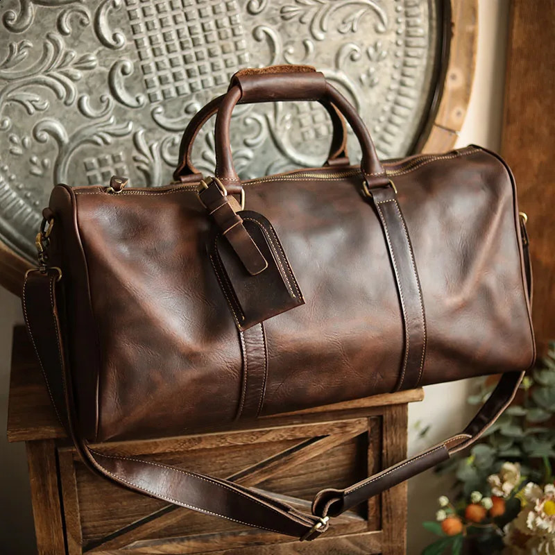 NASVA Leather Mens Bags Vintage Travel Duffle Bag Weekend Handbags Messenger Luggage With Shoe Compartment 240809