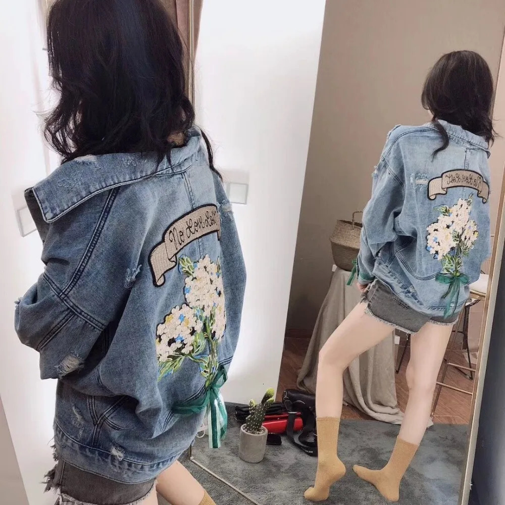 Denim jacket women embroidery flower appliques letters jeans jacket women outerwear coat loose OVERSIZED causal clothing NZ13 240808