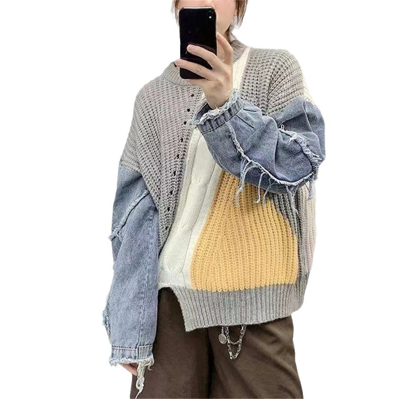 loose denim coarse needle spliced knitted sweater jacket for spring and autumn winter new women's top pullover Korean version dongdumaoyi