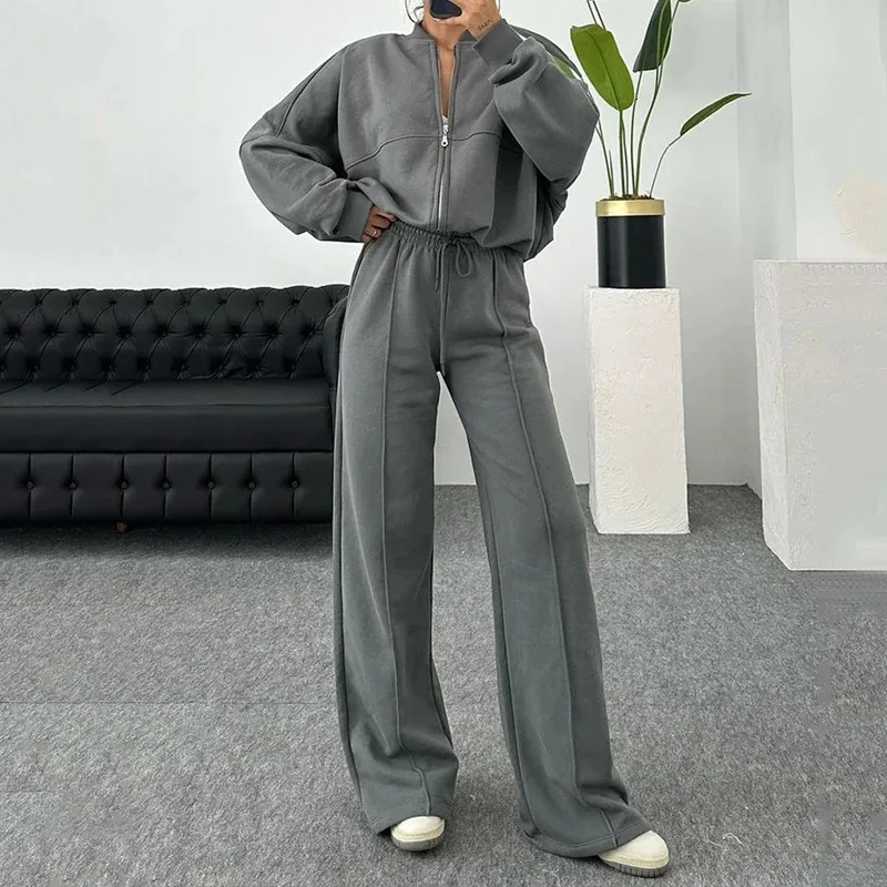 Womens twopiece long pants set solid loose casual full elegant zipper jacket wide leg high waist 240819