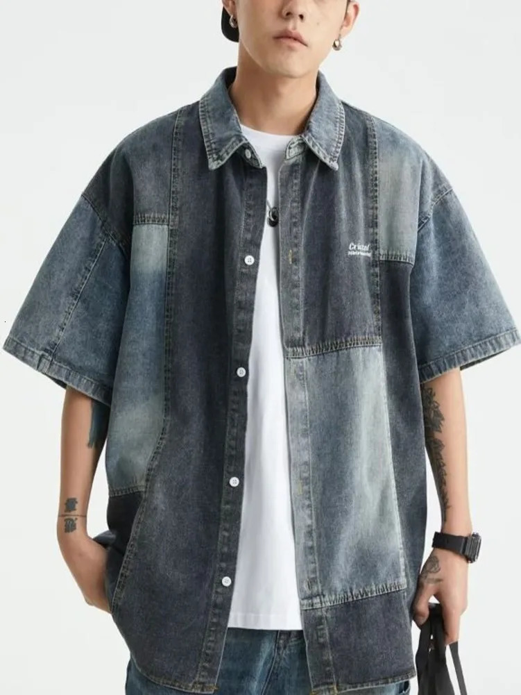 Summer retro Japanese style short sleeved shirt patchwork denim street hip-hop single chest cardigan mens fashion top240808