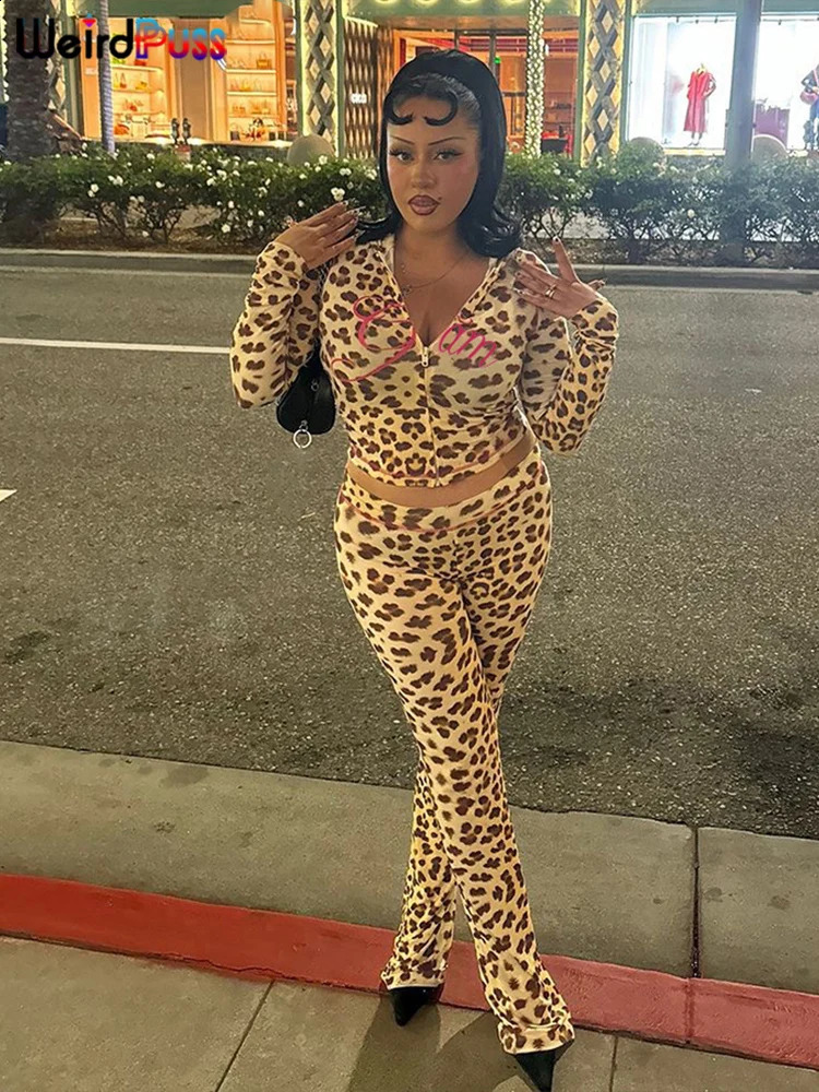 Weird Puss Leopard Letter Print 2 Piece Set Women Tracksuit Sporty Casual Hooded Crop JacketFlare Pants Stretch Matching Suits 240809