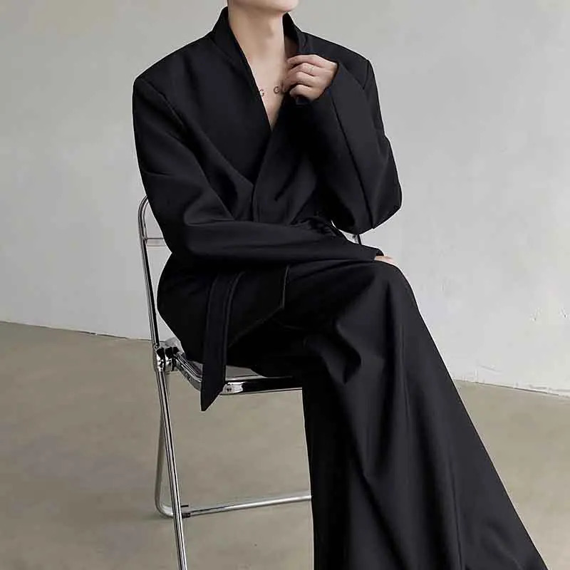 NOYMEI Temperment Black Suit Jack Belt Fashionable 2024 Spring Mens All match sexy jacket collarless mens WA3766 240808