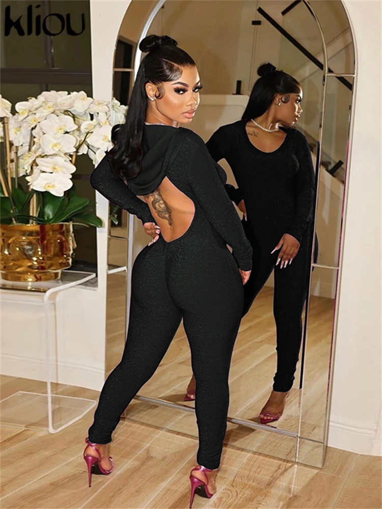 kliou Autumn Women AnkleLength Streetwear Stretch Yarn Jumpsuit K23Q38288 Junior Girl Solid Hooded One Piece Miss Slim Overall 240808