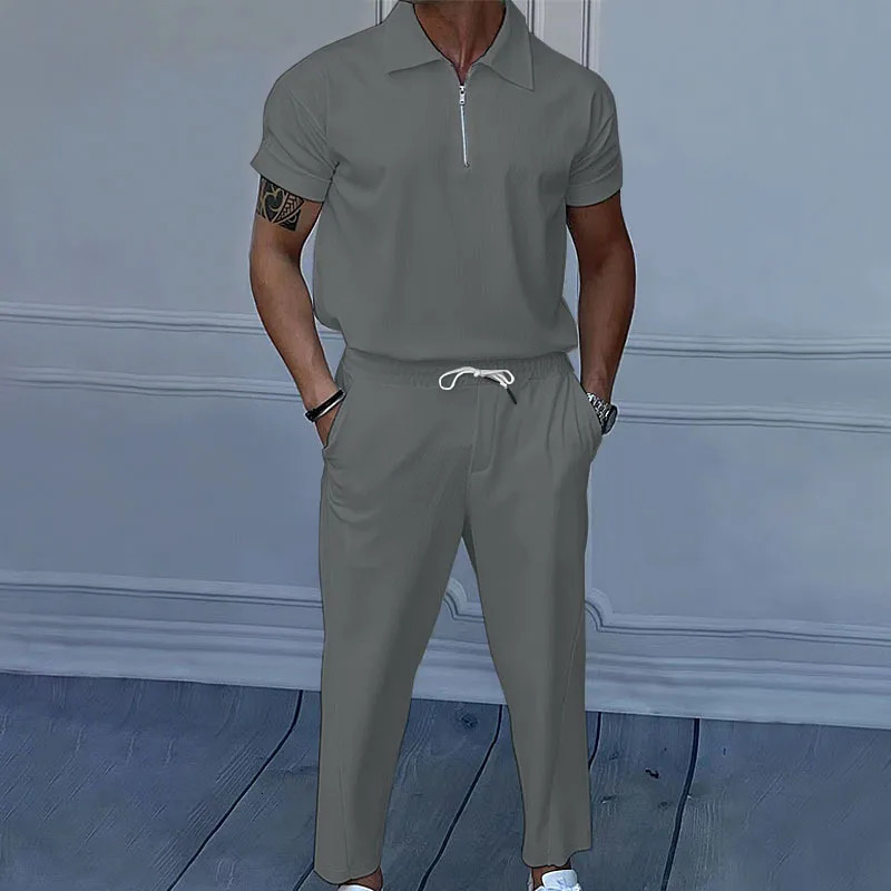 Summer European and American mens solid color suit lapel short sleeve zipper trouser 240812
