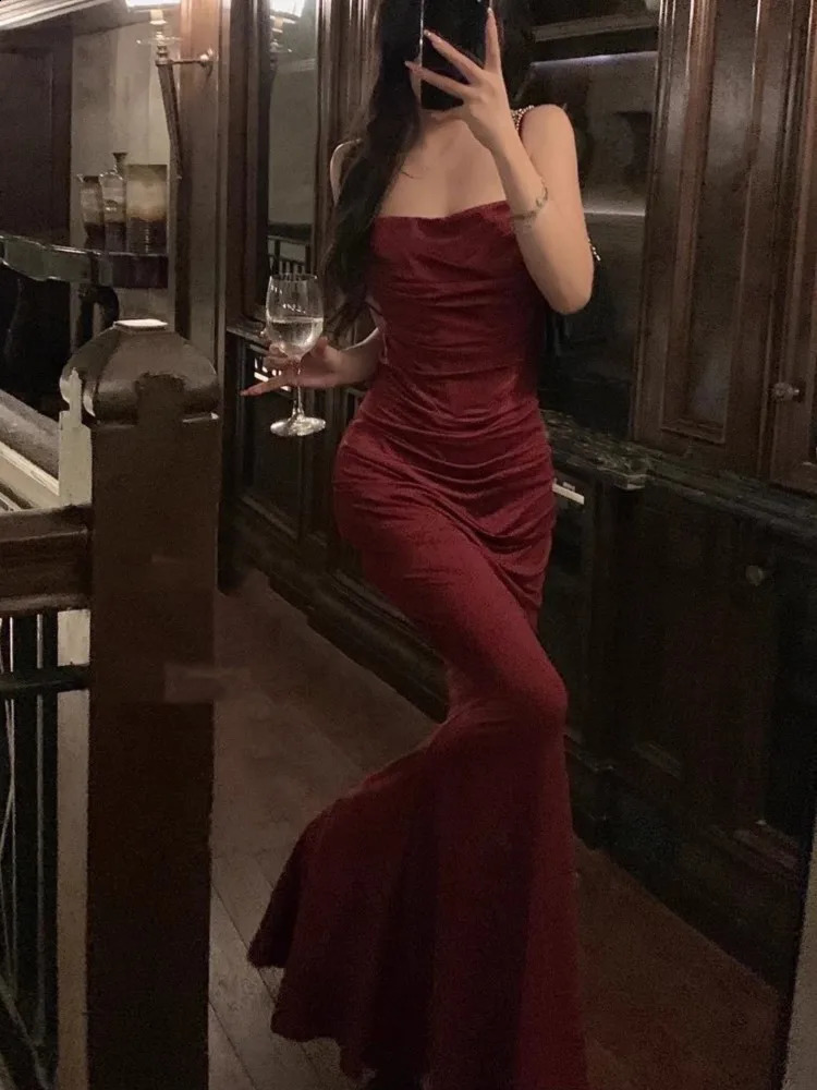 Women Elegant Sexy Bodycon Mermaid Dress Summer Fashion Strap Evening Party Runway Robe Korean Female Solid Long Vestidos 240809