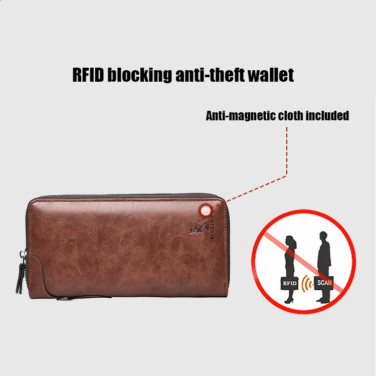Mens Long Zipper Wallet High Quality Pu Leather Wallet for Men RFID Blocking Business Clutch Bag Credit Card Holder Purse Man 240809