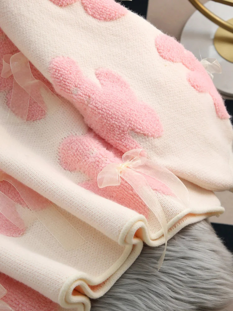 Women Pink Bear Knitted Pullover Sweater Elegant Harajuku Aesthetic Y2k long Sleeves O-Neck Sweater Jumper Vintage 2000s Clothes 240812