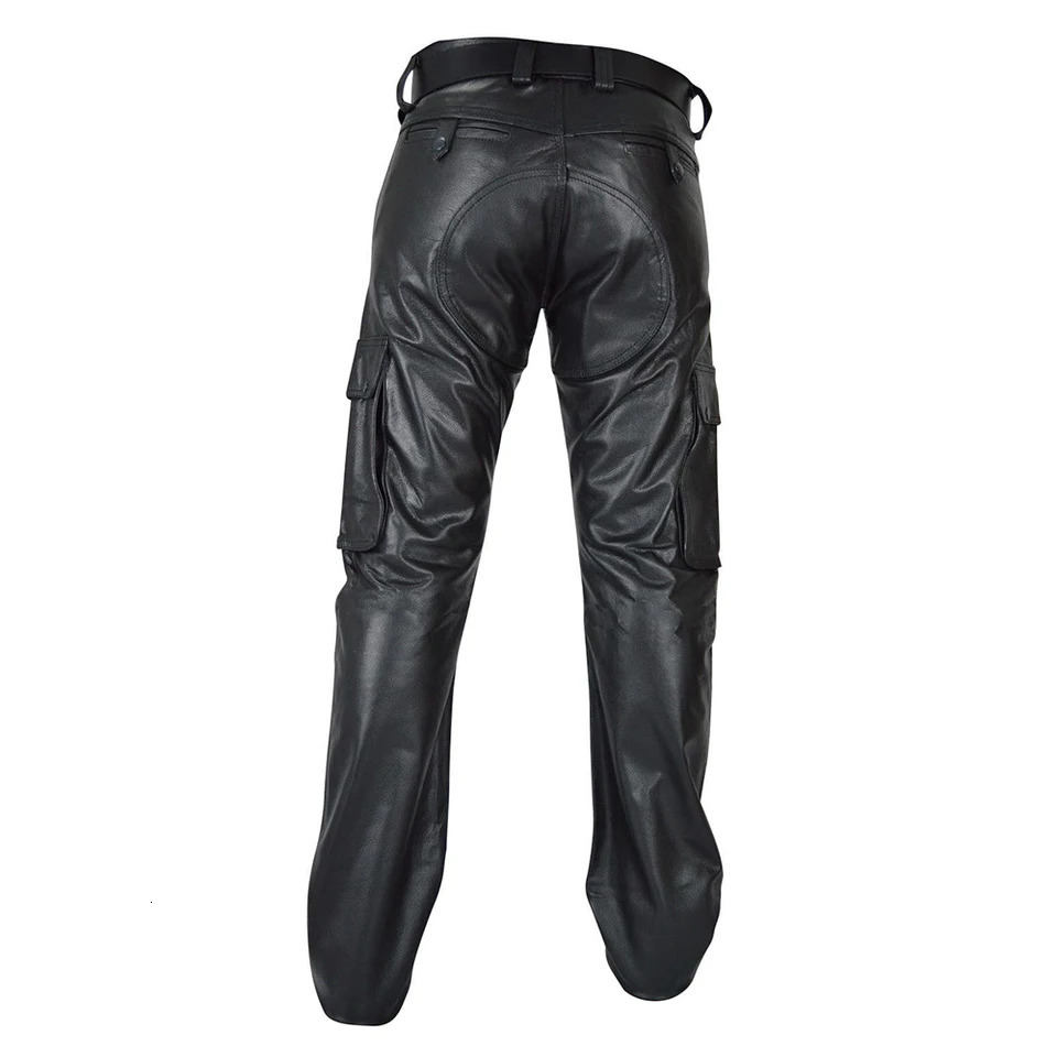Mens punk PU leather straight pants ultrathin suitable for motorcycle mens Trouser Treedy streetwear casual cargo with pockets 240808