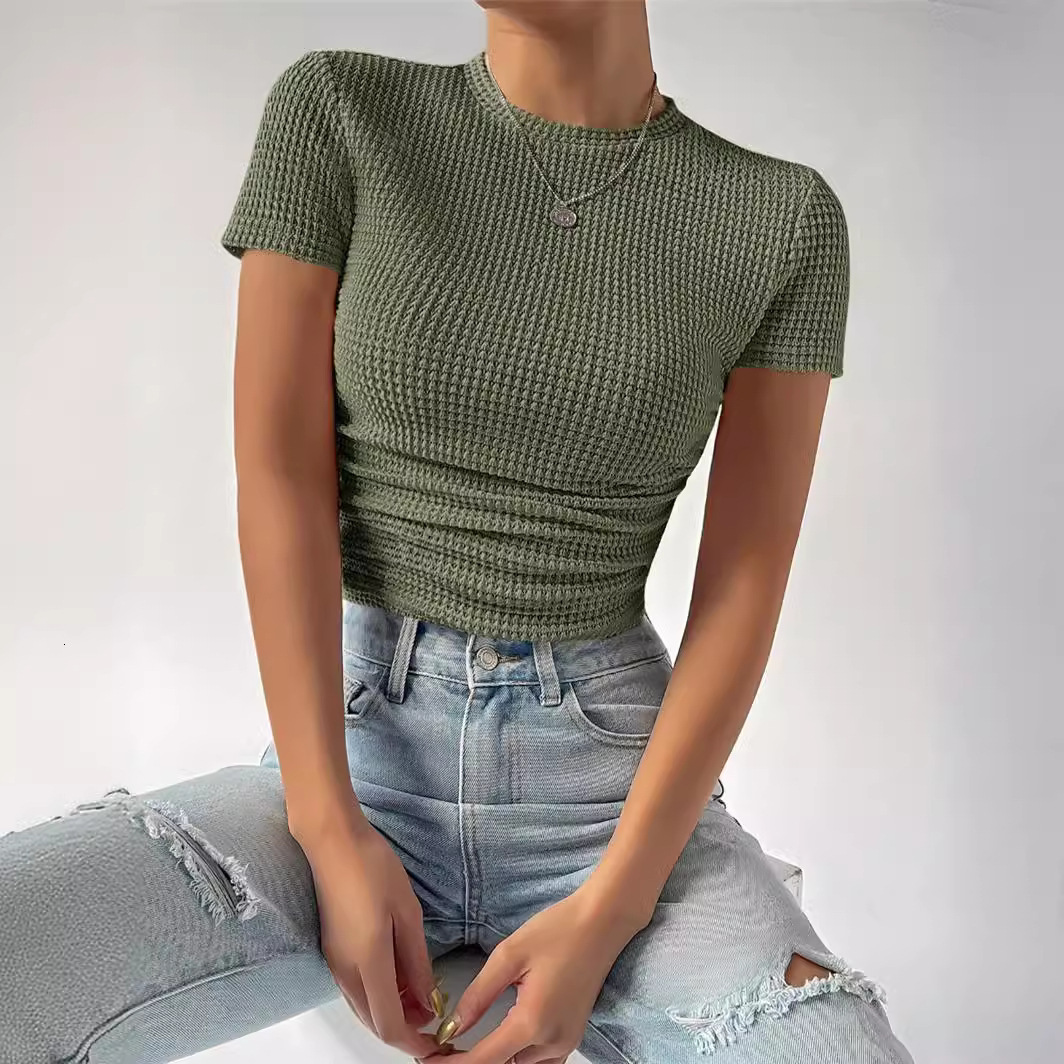 Spring and Summer New Product Slim Fit Versatile Pleated Round Neck Knitted Short Sleeved T-shirt