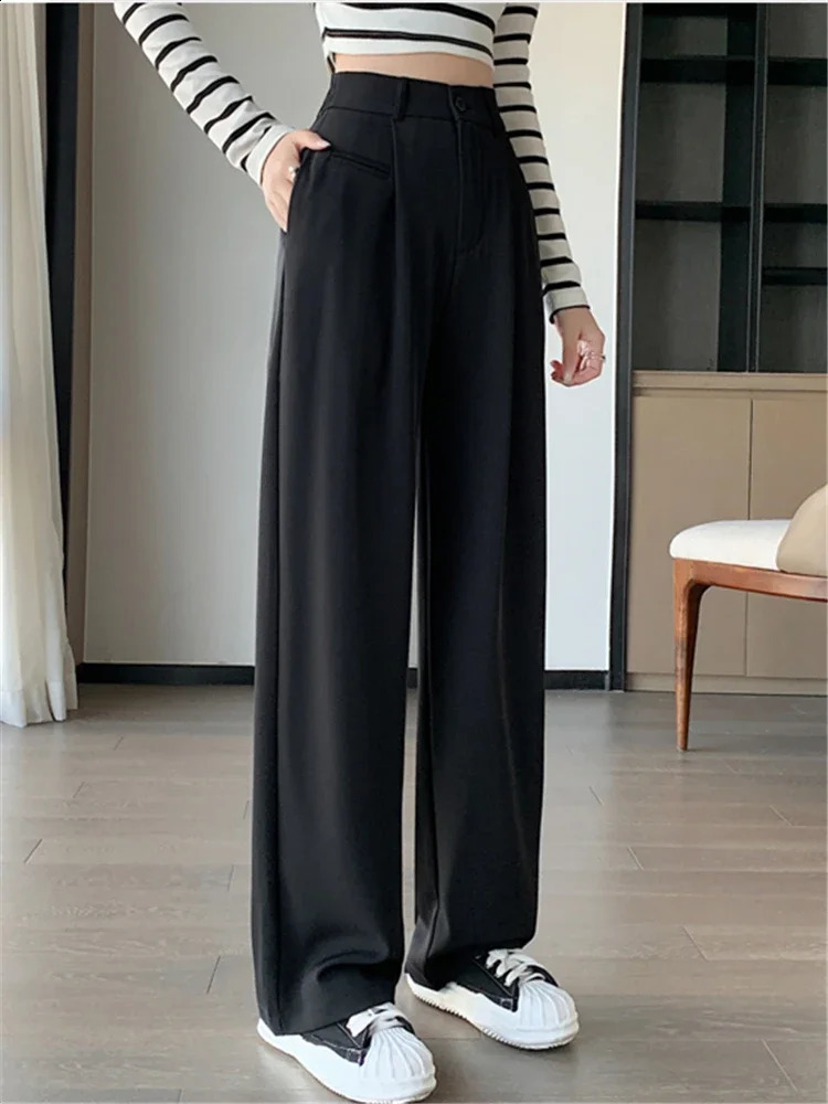 Spring Summer High Waist Suit Wide Leg Womens Pants Buttons Female Elegant Minimalism Straight Loose Trousers 240809