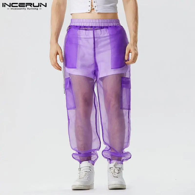 Fashion Men Pants Mesh Transparent Joggers Sexy Elastic Waist Trousers Men Loose Pockets Streetwear Pantalon S-5XL INCERUN 240809