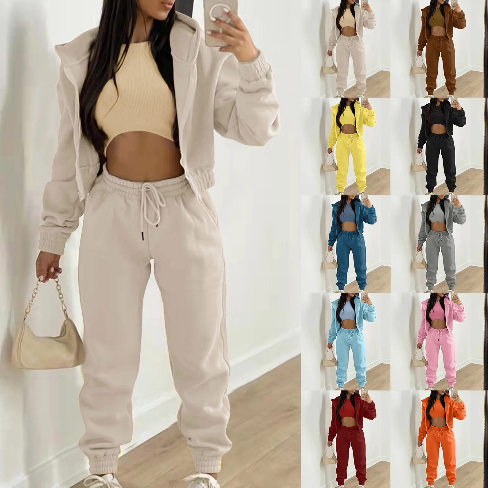Fashion Women 3 Piece Sets Long Sleeve HoodiesRibbed TankHigh Waist Sweatpants Jogger Pant Suit Sporty Three Pieces Outfits 240809