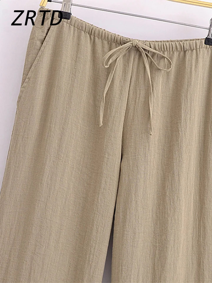 Vintage Lace Up Pants Sets Women Loose Lapel Long Sleeve Shirts Wide Leg Trouser Spring Summer Womens 2-piece Pant Set 240809