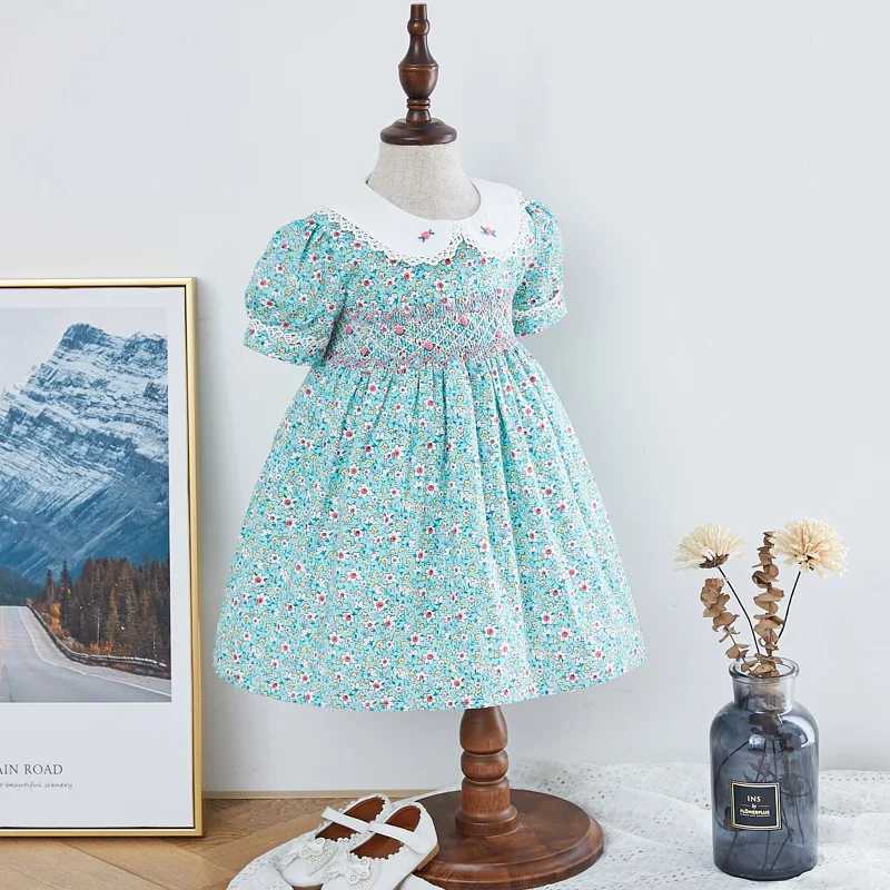 Kids Little Girls Handmade Smocked Floral Flower Print Dresses 2024 Spring Summer Toddler Girl Princess Vintage Smock DressY240809