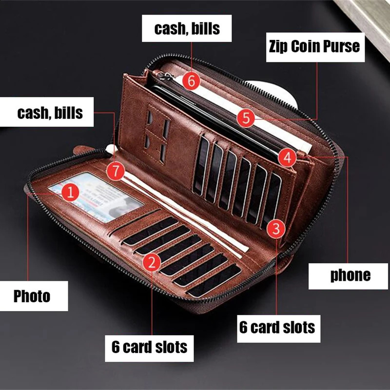 Mens Long Zipper Wallet High Quality Pu Leather Wallet for Men RFID Blocking Business Clutch Bag Credit Card Holder Purse Man 240809