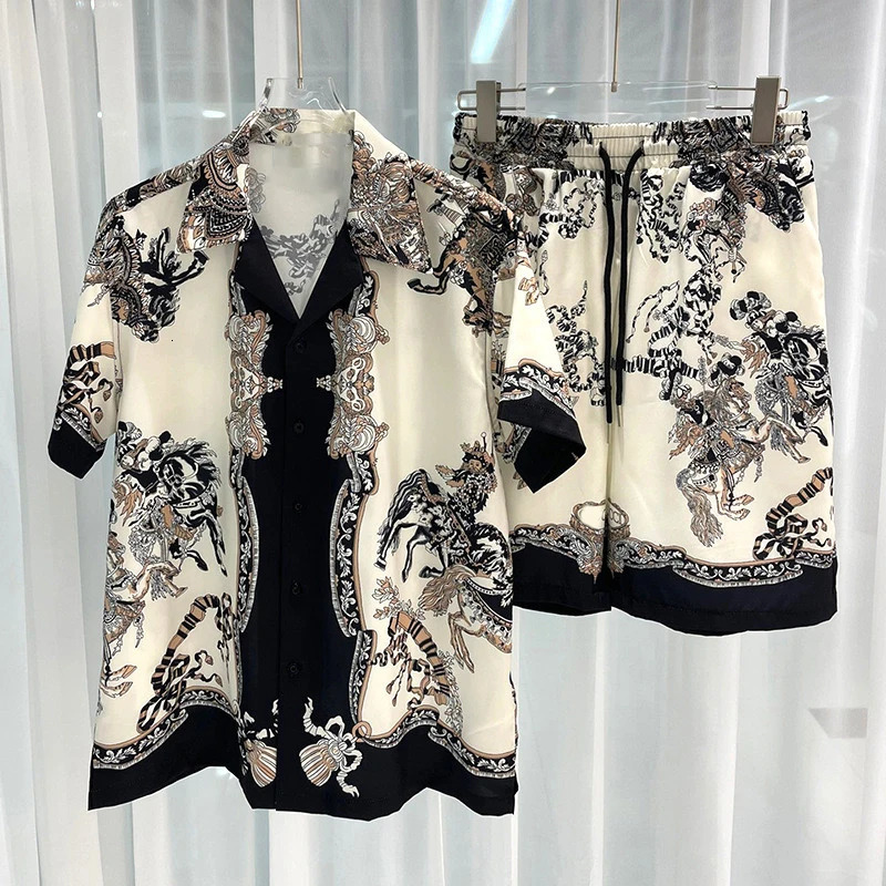 Leisure holiday print summer loose short sleeved lapel cardigan mens retro fashion set oversized streetwear240808
