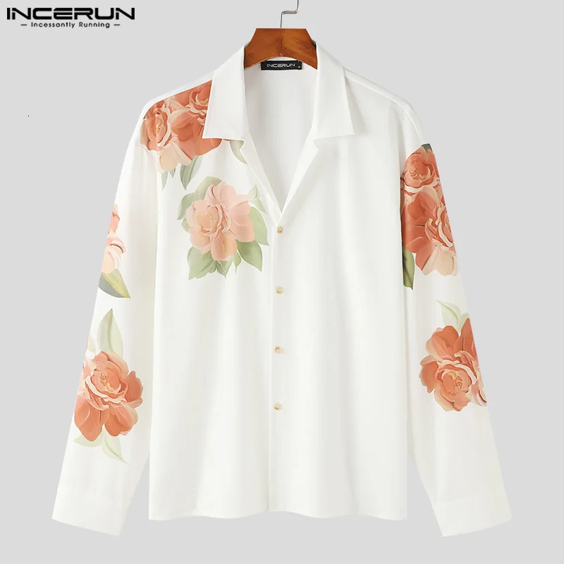 Mens floral shirt printed collar long sleeved button loose mens clothing streetwear casual S5XL INCERUN 240808