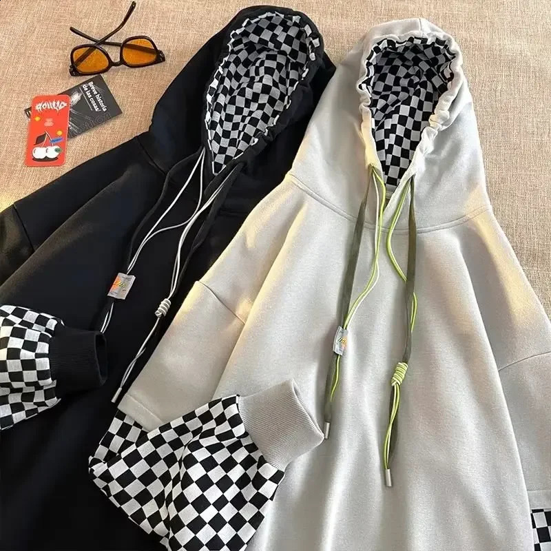 Retro American twopiece fantasy sportswear mens casual hoodie street fashion trend checkered youth jacket 240809