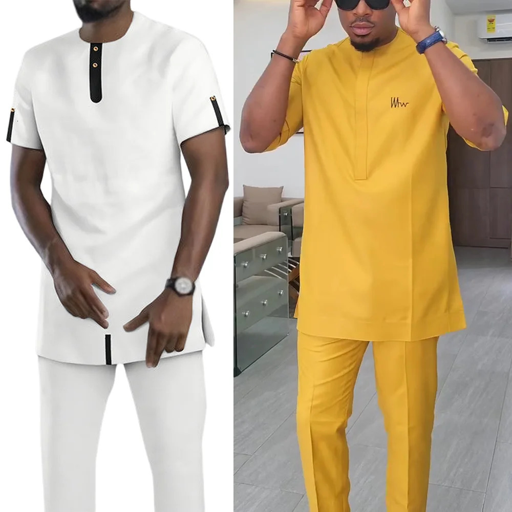 African Men Traditional Summer Outfit in Sportswear Tracksuit Printed T-Shirts Clothes Set Fashion Sports Pant Clothing Suit 240830