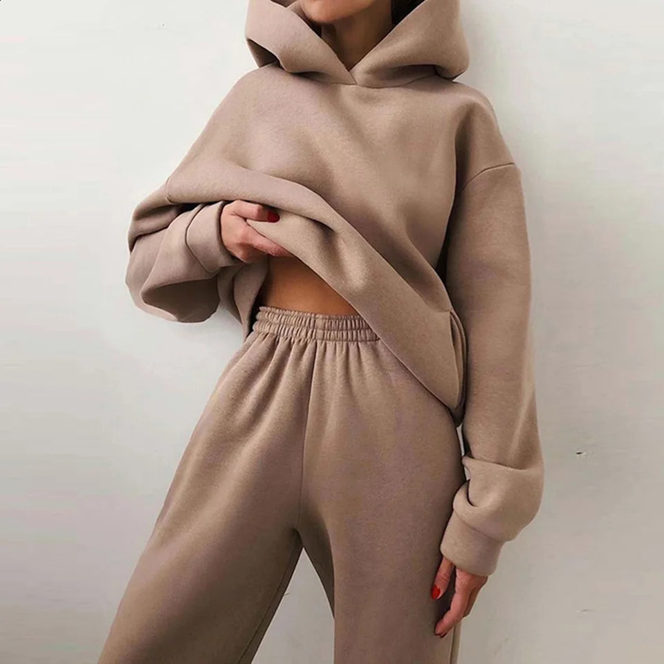 Stylish 2 Piece Women Tracksuit Autumn Winter Hoodies Top Pant Sweatshirts Sweatpants Jogging Pant Outfits Solid Color 240809