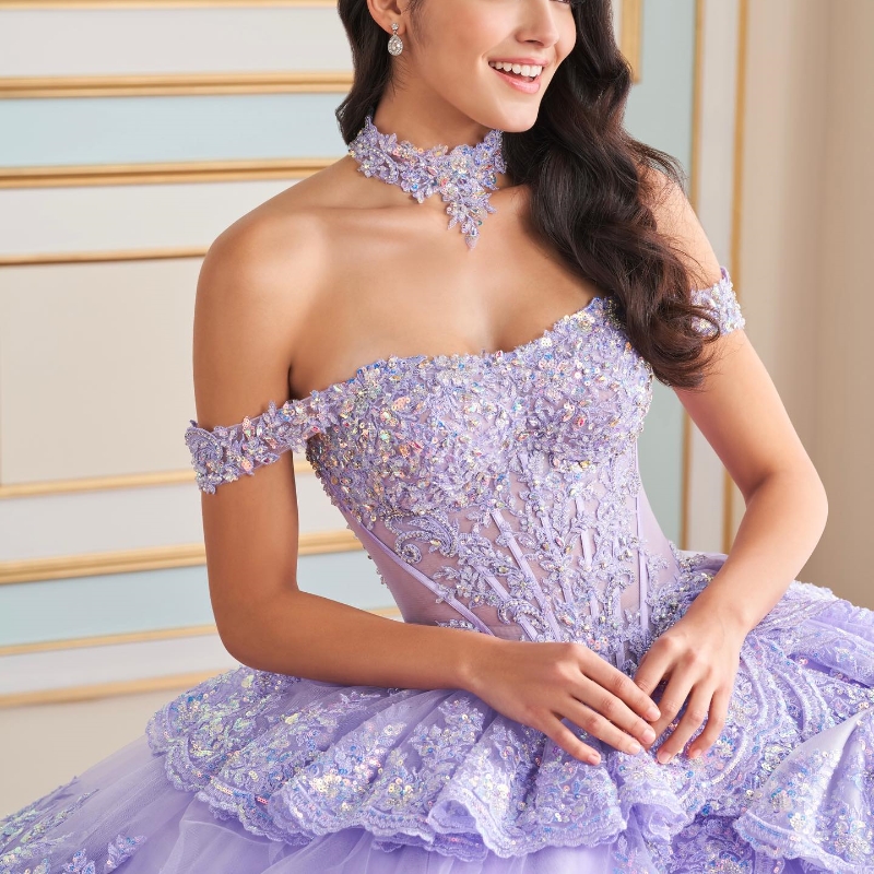 Lavender Princess Quinceanera Ball Gown Classic Off The Shoulder Applique Lace Beads Tull Tiered Sweet 16 Dress Vestido 15 De