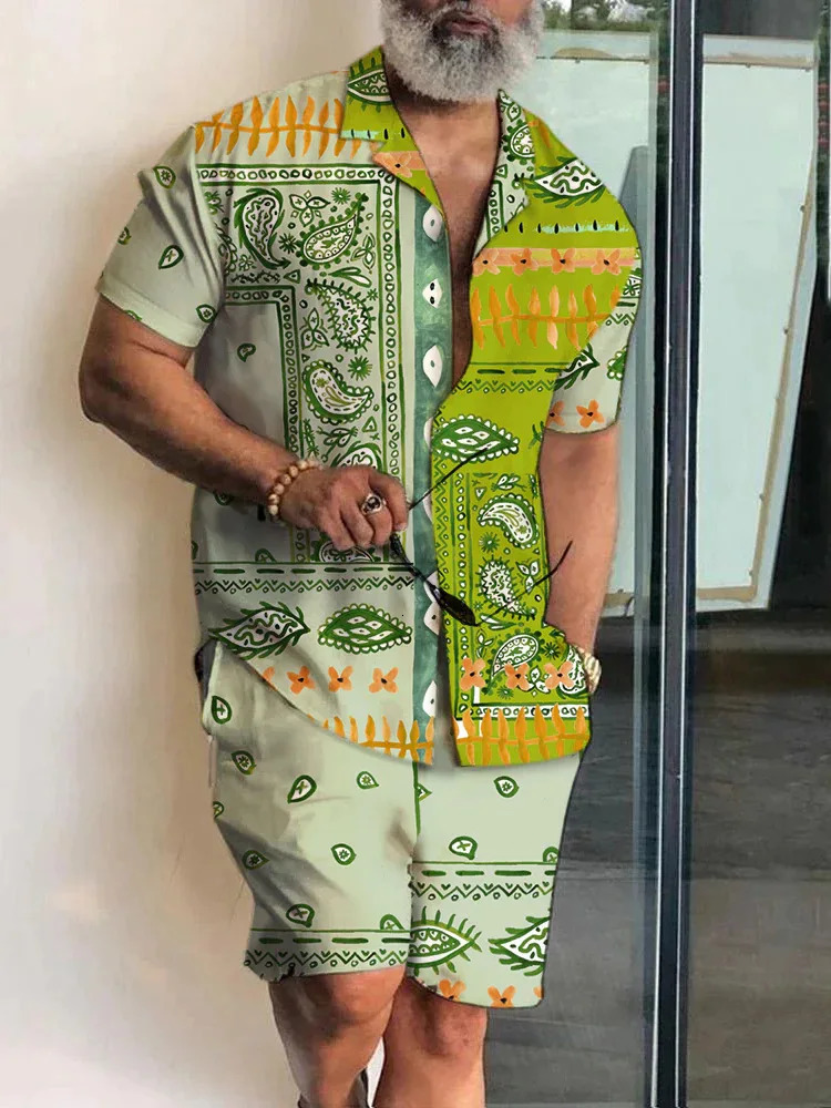 2024 Men Sets Print Patchwork Lapel Short Sleeve Casual Shirt Beach Shorts Summer Streetwear Vacation Hawaiian Suits Men S-5XL 240808