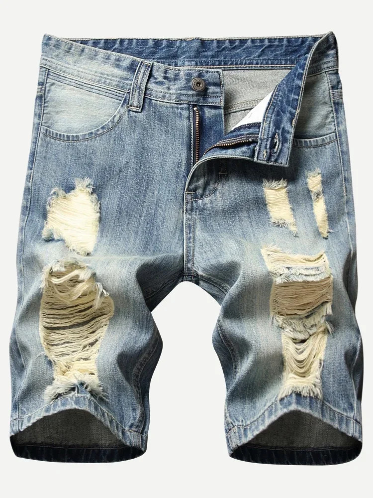 Retro Ripped Mens Denim Shorts Streetwear Hip Hop High Street Fashion Casual Short Jeans Male Stretch Straight Ripped Shorts 240809