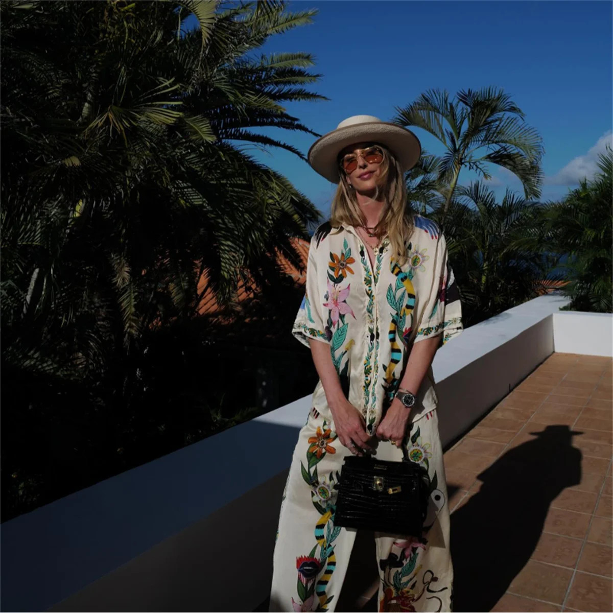 Causal Satin Printed Pants 2 Piece Sets For Women Fashion Lapel Single Breasted Long Sleeved Shirts Suits Lady Vacation Outifts 240809