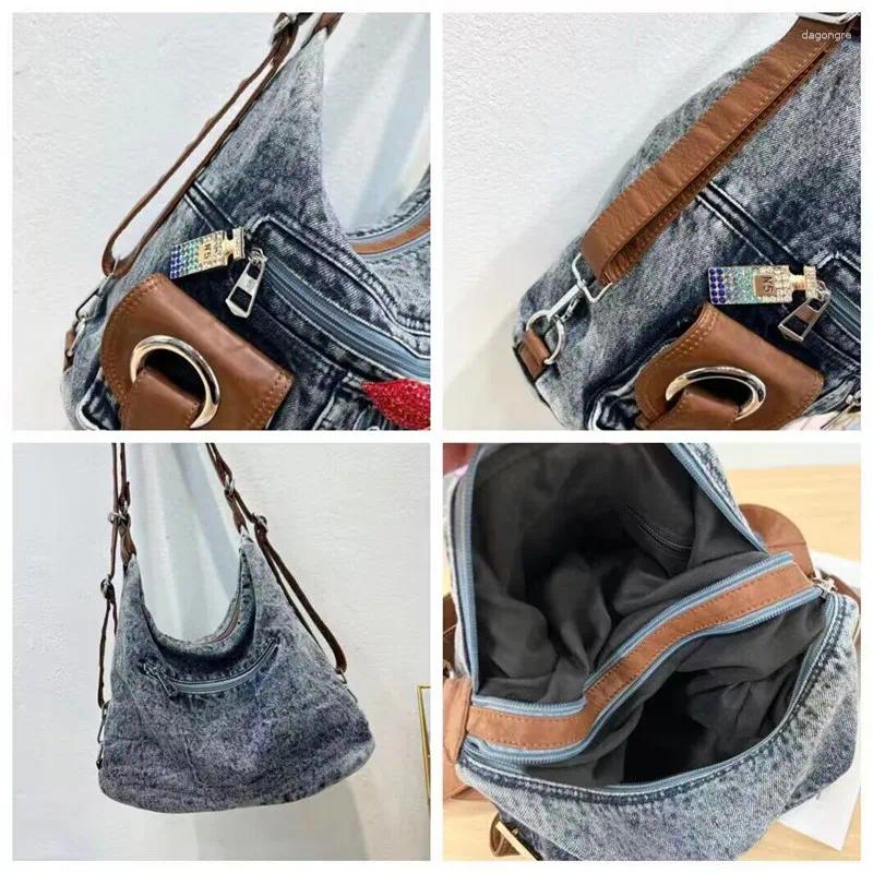 Totes Vintage Premium Wash Denim Bag Single New Shoulder Crossbody Motorcycle Large Capacity Weekend Travel Shopping