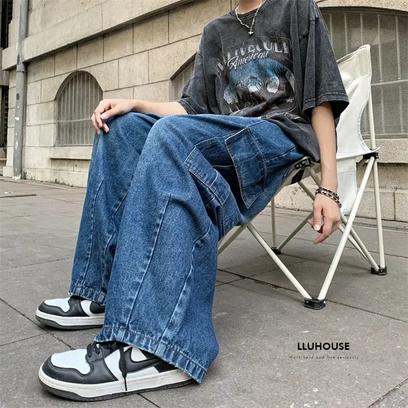 Y2k loose Japanese retro workwear jeans with trendy and personalized large pocket for men and women hip-hop casual pants 240809
