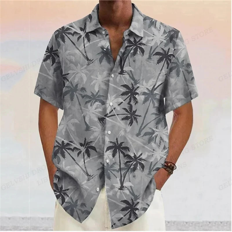 Summer Men Hawaiian Shirts Coconut Tree Lapel Camisas Men Fashion Short Sleeve Shirt Floral Blouse Turn Over Collar Clothes Male 240808