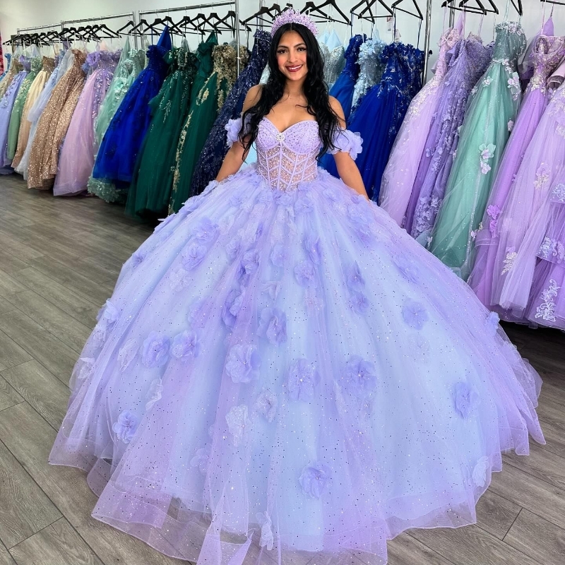 Lilac Shiny Quinceanera Dress Ball Gown Off The Shoulder Beaded wer Tull Corset Birthday Party Sweet 16 Vestido De 15 Anos