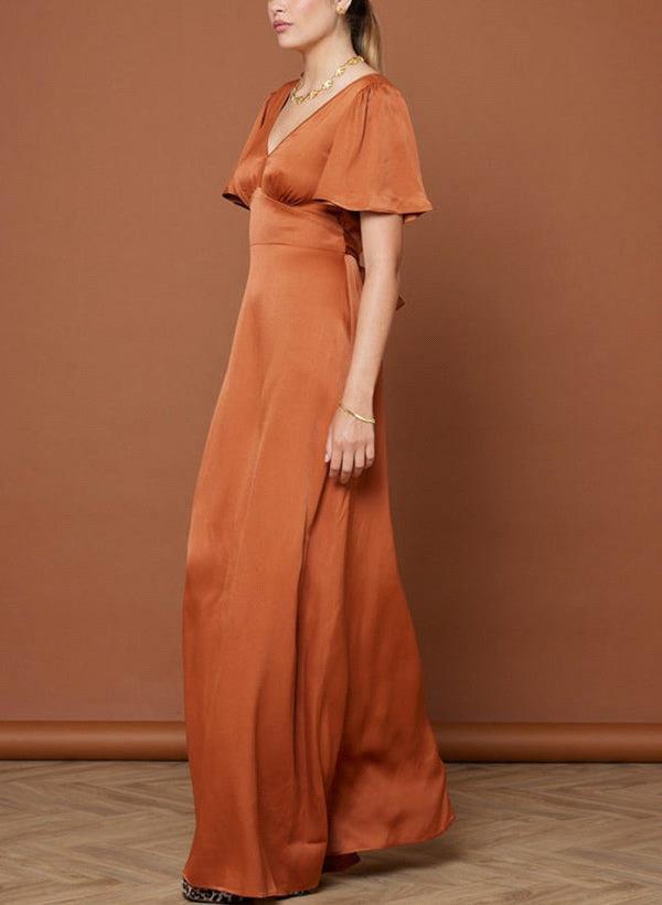 Modern Satin A-E Bridesmaids' & Formal V-Neck Short Sleeves Or-Length Junior Bridesmaid Dresses Bc19336 0220