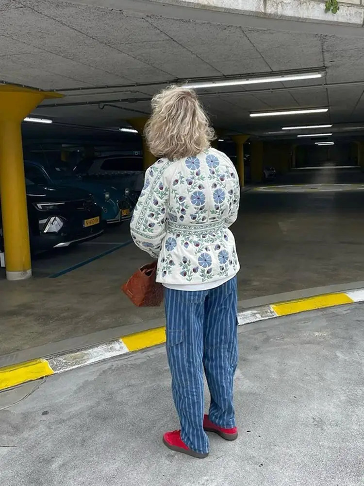 Womens Lace Up Cotton Jacket Autumn And Winter Floral Print Cardigan Quilted Elegant Ladies Street Outerwear y240824