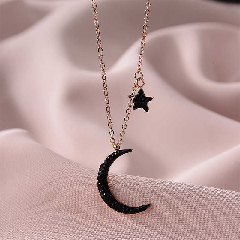 Chic Rose Gold-Plated Star and Moon Pendant with Sparkling Black Zircons - Perfect Girls' Accessory