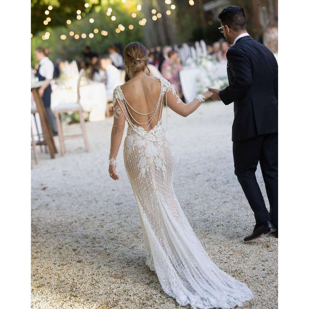 Wedding BABYON Dress Sparking Wers Lace V Neck Appliques Sexy Illusion Long Sleeve Back Hang Pearls Chains Mermaid Gown