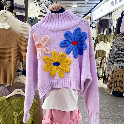 Fashion heavy industry splicing three-dimensional flower temperament high neck long sleeved sweater design sense loose short versatile top trendy dong