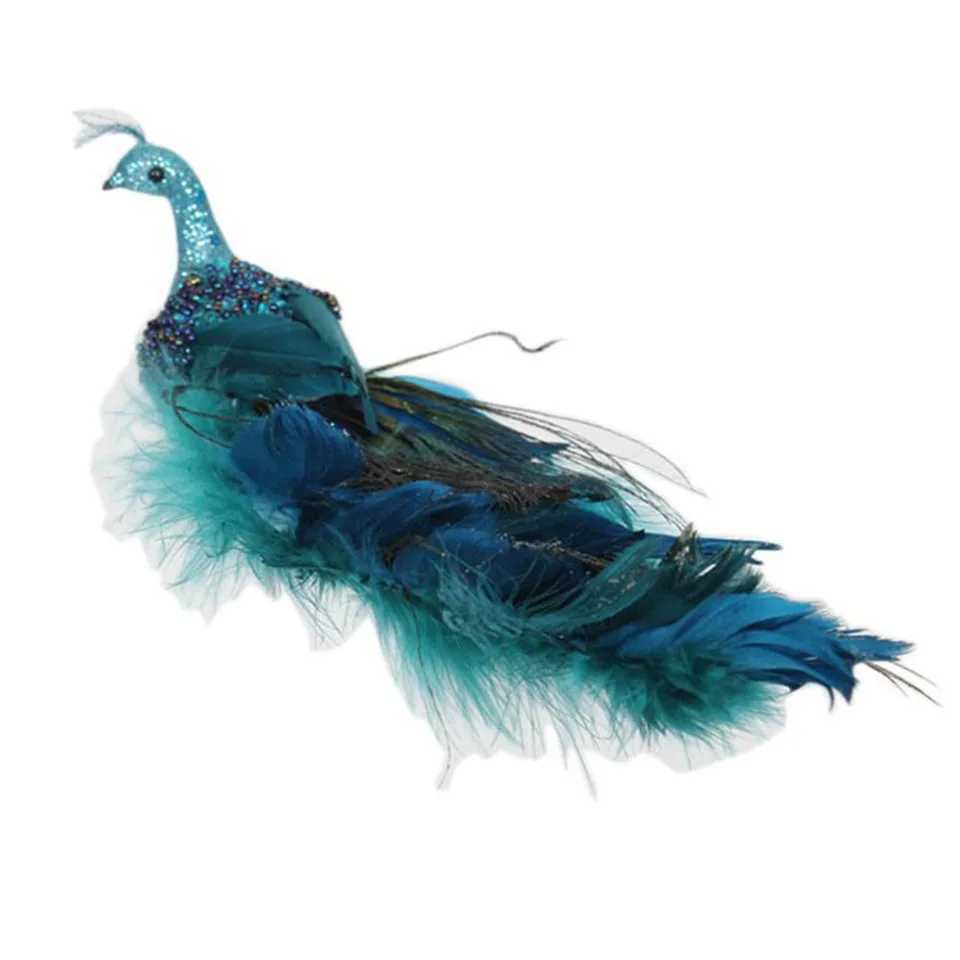 Simulated Blue Pea Natural Feather Glittery 27*8*9cm Metal Clip For Christmas Tree Decorations Home Party Kids Decor Gifts Y240808