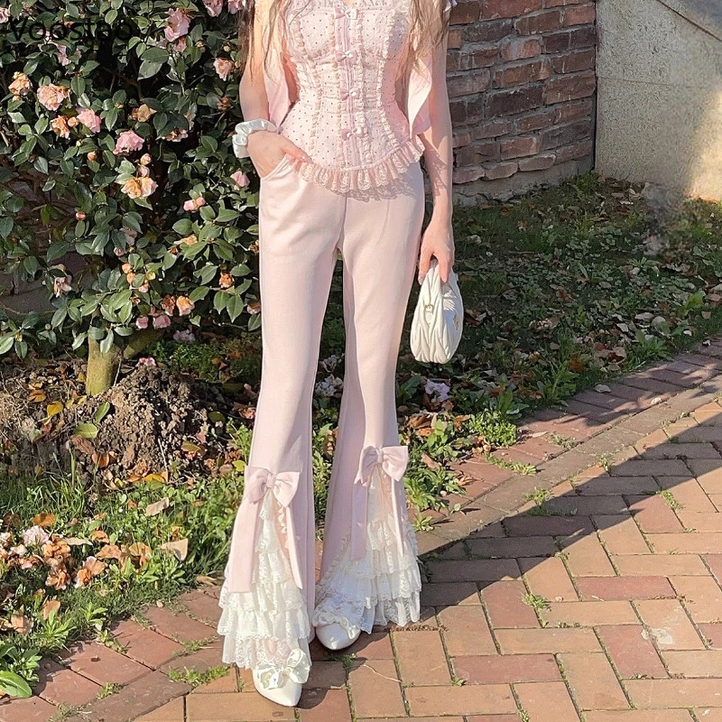 Pink Sweet Lolita Style Pants Women Vintage Kawaii Bow Lace Ruffles Flared Pants Female Korean Elegant Casual Fairy Trousers 240809