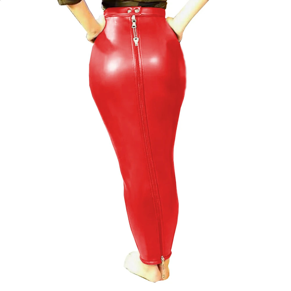 Sexy Female Women PU Leather High Waist Full Zip Lockable Bodycon Sissy Hobble Pencil Skirts Long Skirt Erotic Fetish Elegant 240809