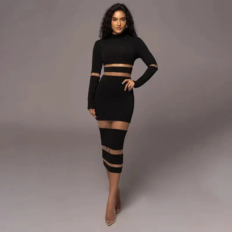 Spring Summer Women Mesh Patchwork Maxi Dress Elegant Sexy See Through Long Sleeve O-neck Robe Party Female Party Vestidos 240809