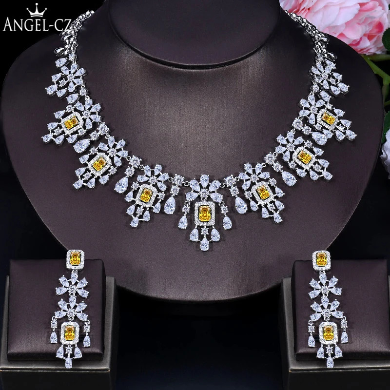 ANGELCZ Exclusive Dubai Bridal Clothing Jewelry Set Womens Yellow Cubic Zirconia Tassel Square Pendant Necklace Earrings AJ199 240805