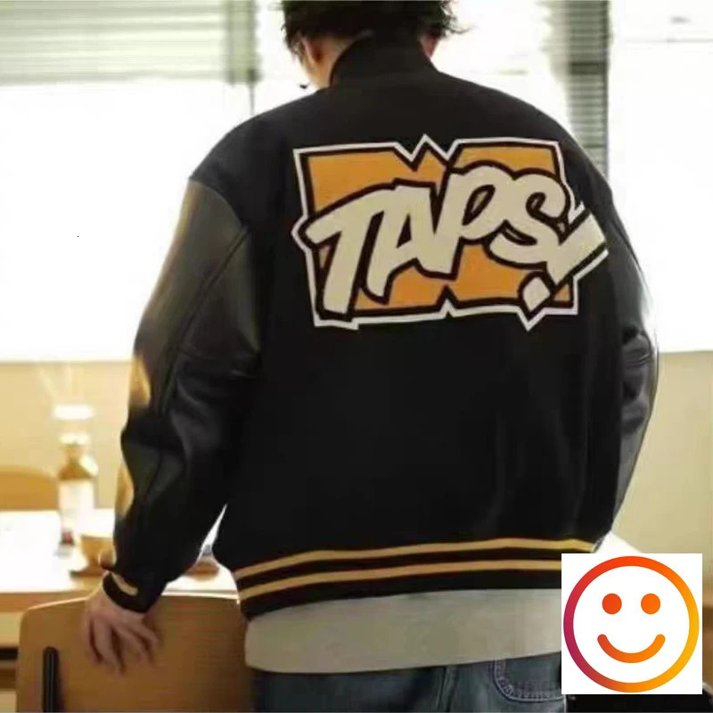Leather WTAPS Embroidered Towel Patch University Baseball Jacket Japan Mens And Womens Quality Work Black Coat 24