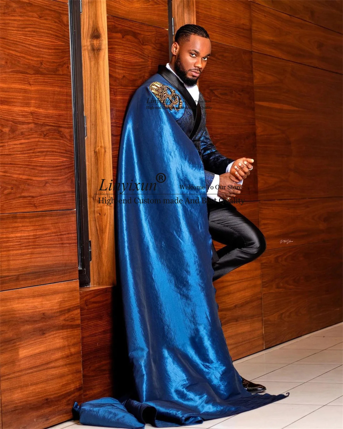 Fashion Blue Jacquard Mens Suit Slim Groom Tuxedos With Cape Shiny 2 Pieces Sets Male Prom Blazers Costume Homme 240808