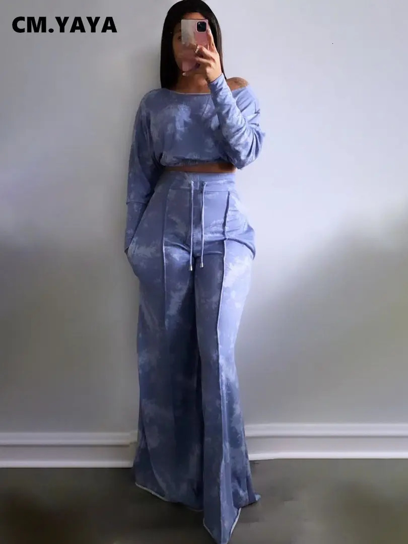 CMYAYA Tie Dye Womens Tracksuit Off Shoulder Long Sleeve Tshirt and Loose Pants Matching Two 2 Piece Set Outfits Sweatsuit 240808