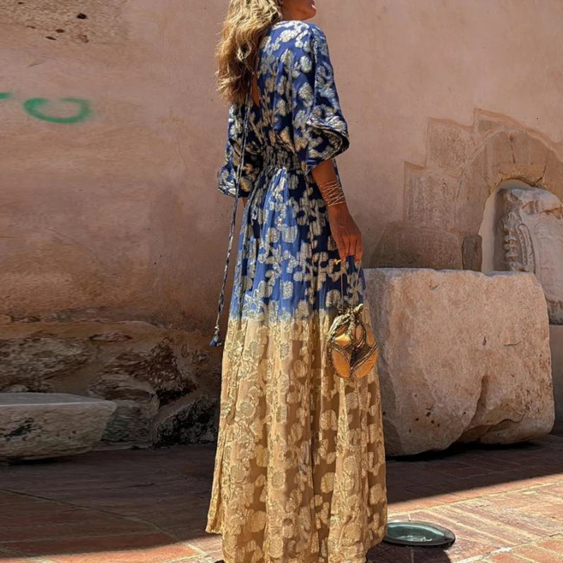 Casual Printed Patchwork Long Pants Jumpsuit Summer Lady V Neck Half Sleeved Loose Playsuit Fashion High Waist Boho Romper 240808